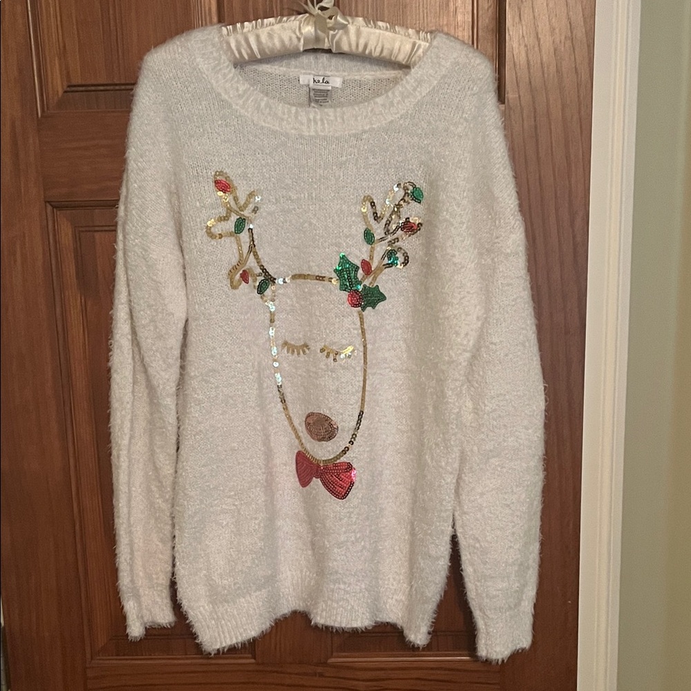 No Boundaries White Sweater with Festive Reindeer Design